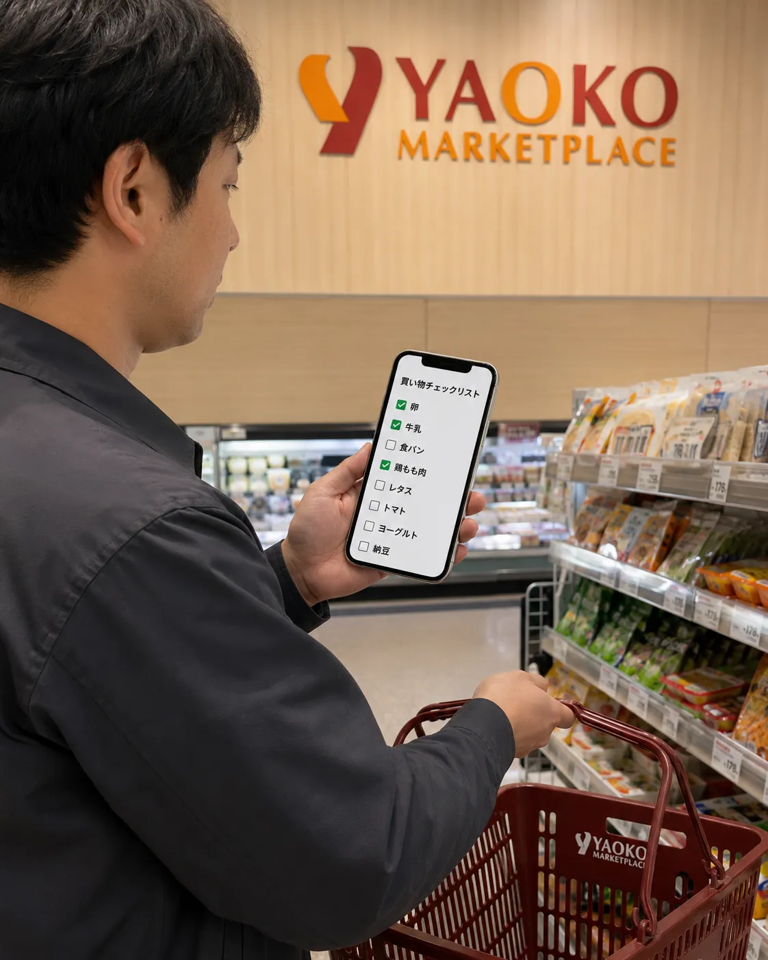 ヤオコーの店内でHTMLチェックリストを見ながら買い物をする様子