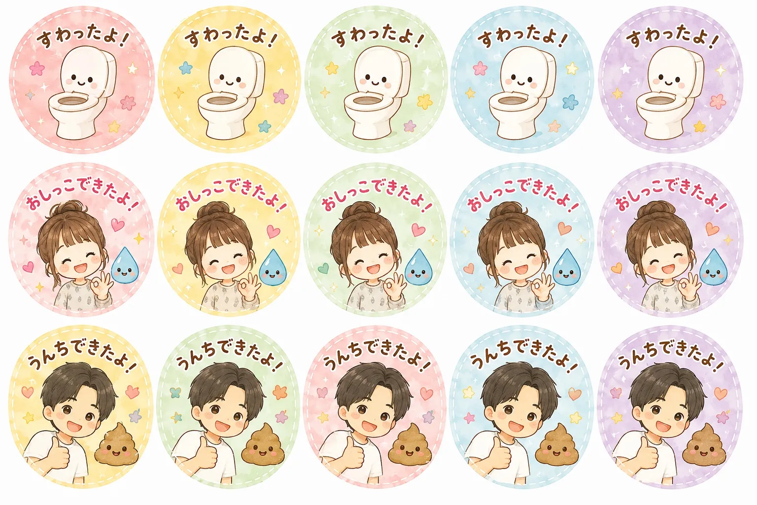 「すわったよ!」「おしっこできたよ!」「うんちできたよ!」の3種類をパステルカラーでデザインしたトイトレ用シール